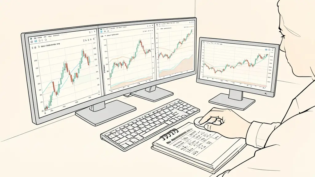 A professional trading workspace with multiple monitors showing candlesticks charts, a focused trader's hand on a mouse, and a notebook with risk management calculations.
