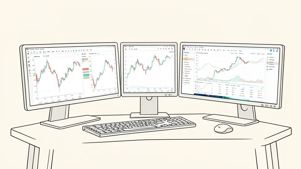 A professional trading workstation with multiple monitors showing candlestick charts and a regulated broker's interface, clear and focused workspace, editorial style