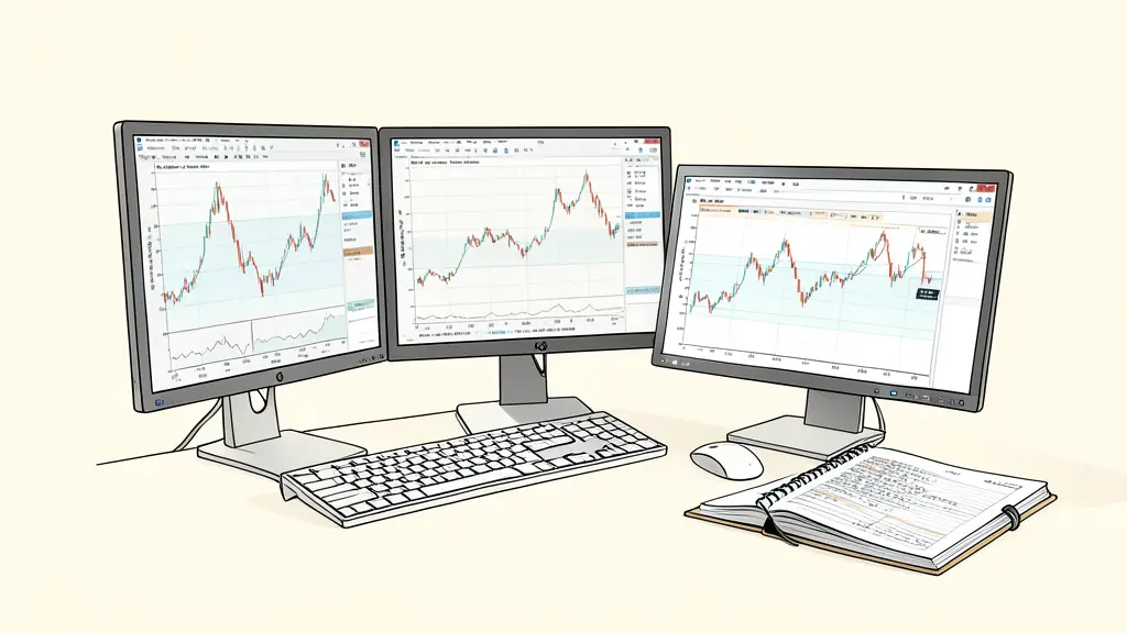 A professional trader's workspace with multiple monitors showing real-time financial charts, a focus on a risk management spreadsheet and a disciplined trading journal on the desk, editorial style, cinematic lighting