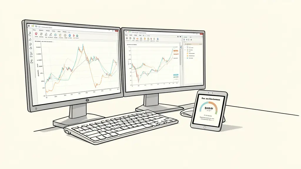 A professional trader's desk with multiple monitors showing technical charts and a small digital tablet displaying a Fear and Greed sentiment gauge, cinematic lighting, editorial style, high detail