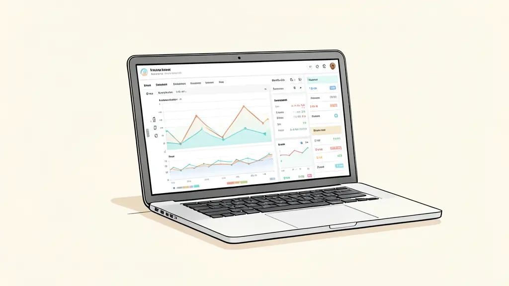 A professional trading workspace with a laptop displaying a detailed performance dashboard, featuring colorful data charts and tag filters, editorial style, high resolution