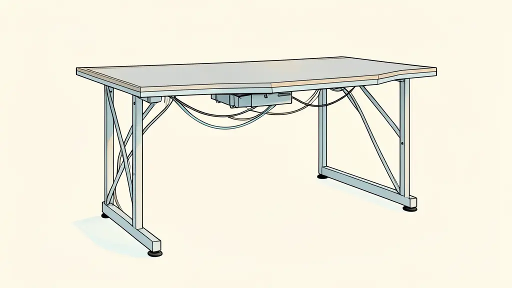 Professional gaming desk setup, focus on metal frame stability, cable management tray under the desk, and an ergonomic beveled edge plateau