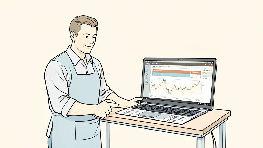 Editorial photograph of a trader pausing beside a workstation, written risk checklist on the desk, trading platform closed after a losing trade