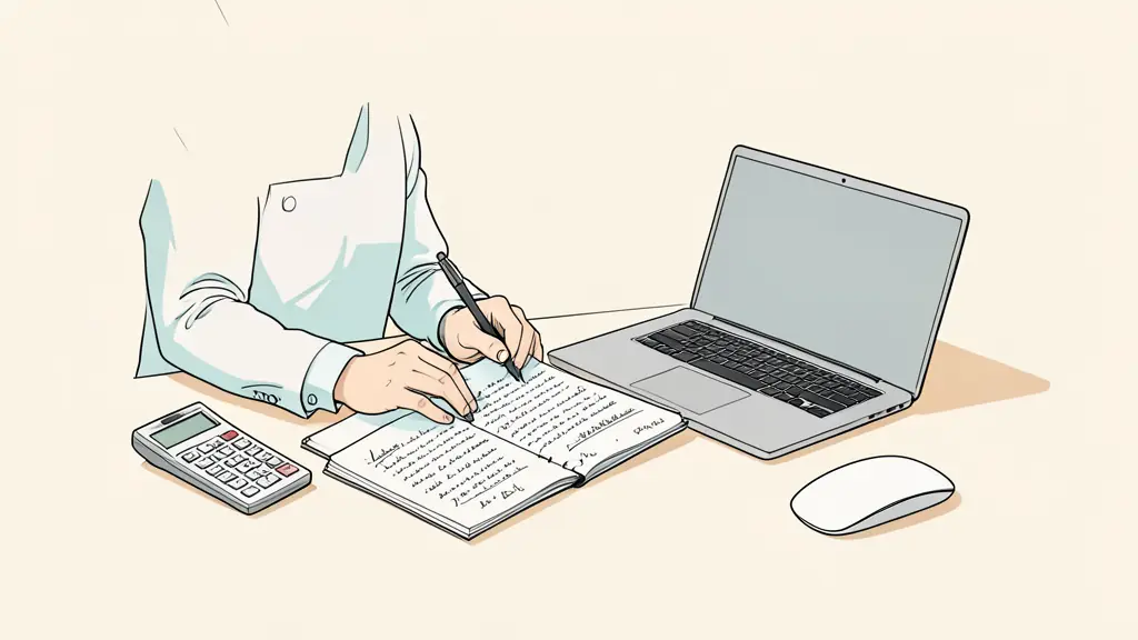 A trader reviewing a handwritten trade journal beside a closed laptop, with a position-sizing calculator and an untouched mouse on the desk
