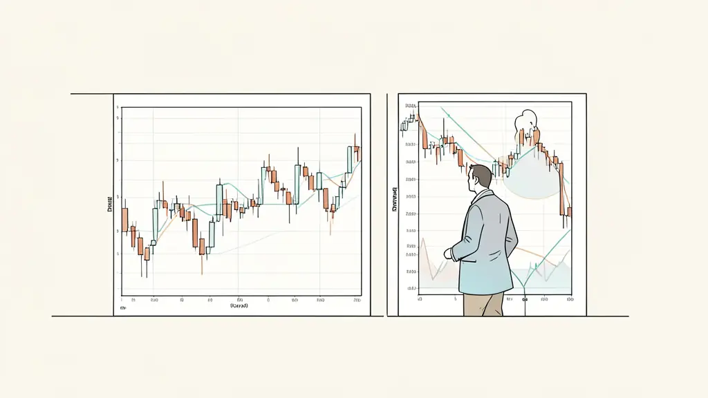 editorial photograph of a day trader waiting beside two market charts, extended price candles and a visible pullback zone, no readable text or logo