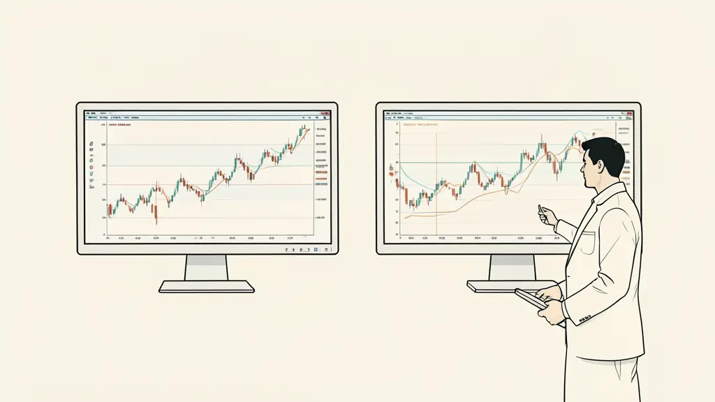 editorial photograph of dual trading monitors showing one orderly VWAP pullback and one choppy sideways setup, trader waiting for candle confirmation, no readable text or logo