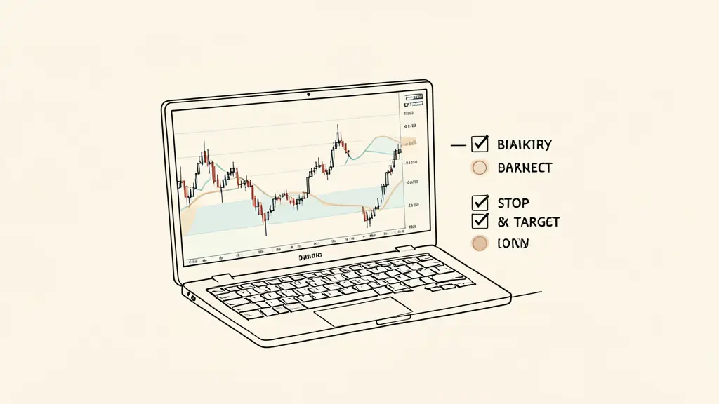 Editorial photograph of a trader reviewing a candlestick chart at a marked price level, a binary checklist beside the keyboard, and clearly separated stop and target markers, no readable text or logo