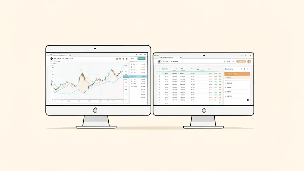 Editorial photograph of dual monitors showing historical market charts, a spreadsheet of trade results, and a demo trading dashboard, no readable text or logo