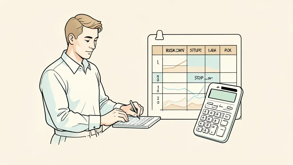 Editorial photograph of a trader calculating position size beside a risk table, with a stop-loss chart and calculator visible, no text or logos