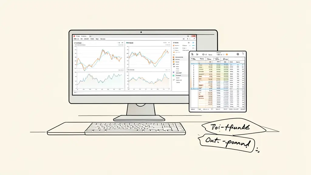 Editorial photograph of a backtesting workstation showing segmented market charts, a spreadsheet of trade results and handwritten out-of-sample notes, no text or logos