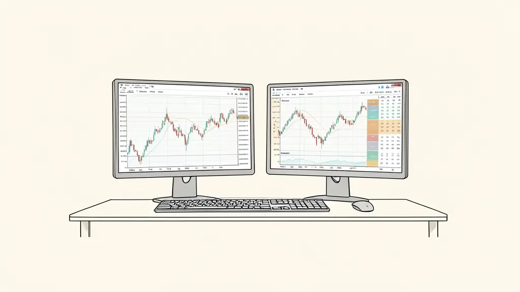 professional trading desk with daily and four-hour candlestick charts on dual monitors, economic calendar displayed as unlabeled colored blocks, no text or logo