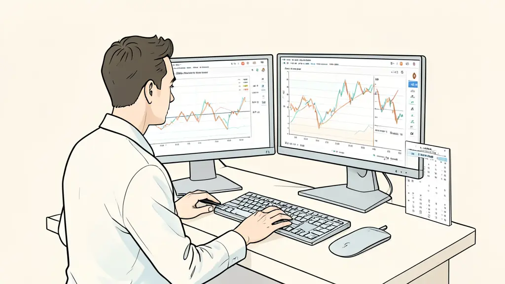 focused trader comparing intraday and swing charts on two monitors, execution journal beside the keyboard, economic calendar visible without readable text or logos