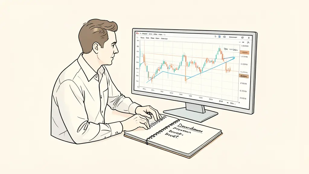 risk manager calculating position size beside a trading chart, stop level marked on screen, handwritten drawdown budget on a notebook without logos