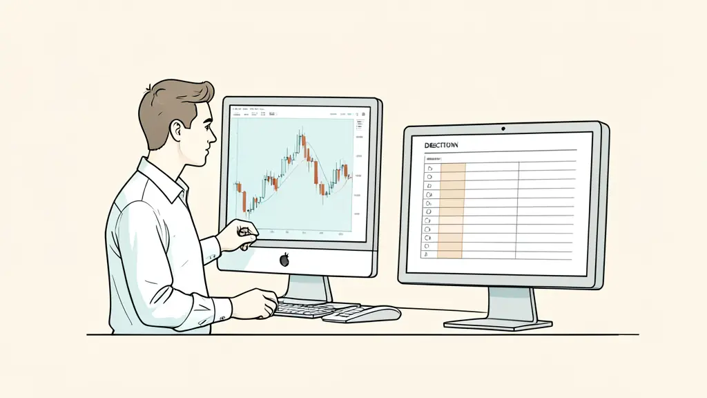Editorial photograph of a trader reviewing a candlestick chart and a printed decision checklist beside a computer, no visible text or logos