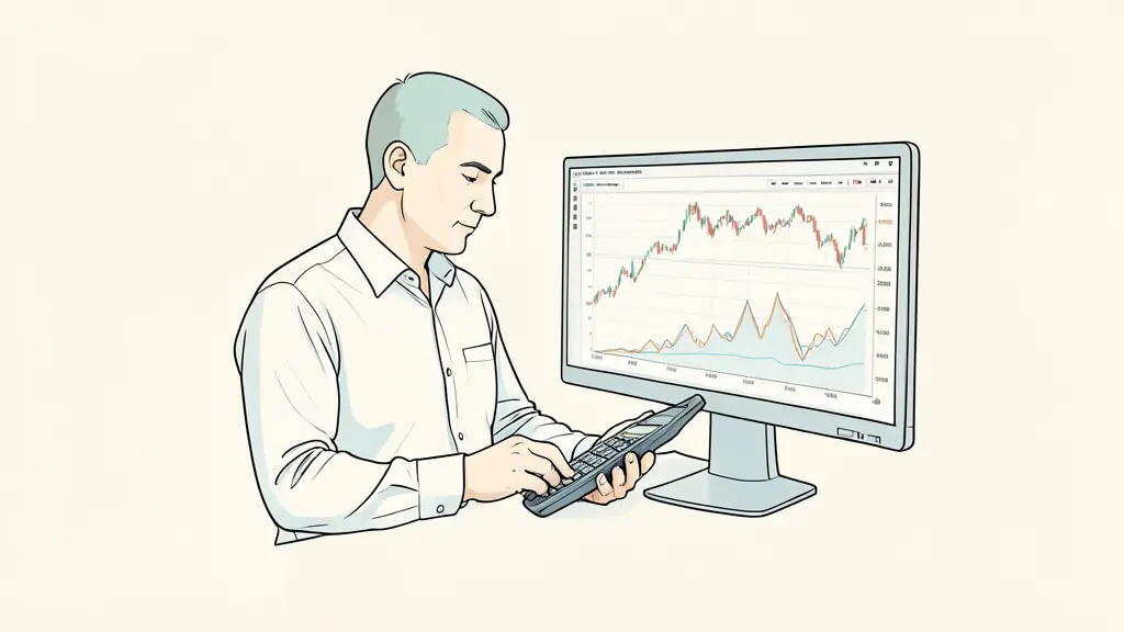 Editorial photograph of a trader checking position size with a calculator, a risk chart and market screens in the background, no visible text or logos