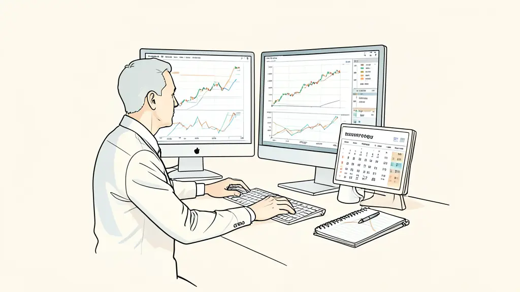 Professional trader monitoring a liquid market session, two price charts on screens, economic calendar beside a trading notebook, no text, no logo