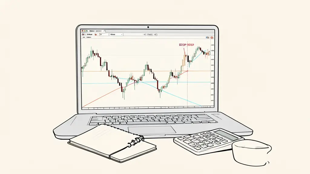 Close-up of a trading workstation with a candlestick breakout, visible consolidation zone and stop level marked by colored lines, notebook and calculator, no text, no logo